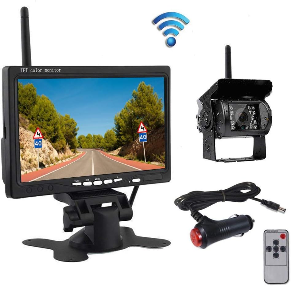 Wireless Car Backup Camera and Monitor Kit, Waterproof Night Vision Wireless Rear View Camera 7 Inch HD TFT LCD Monitor Parking System + Car Charger for 12V-24V Truck RV Trailer Camper Bus