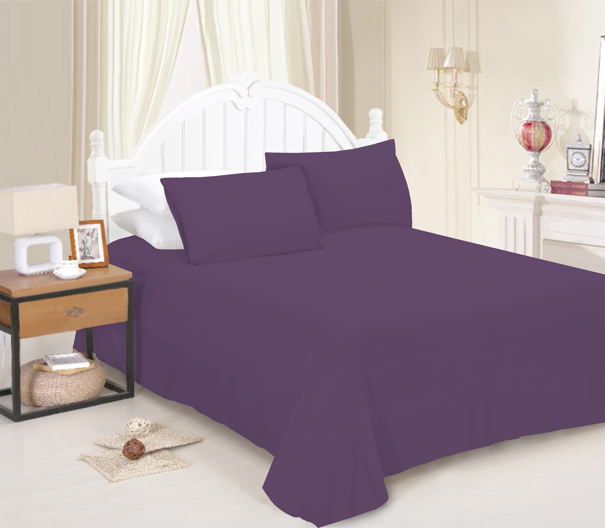 JRI® Flat Sheet- Luxurious Bed Sheet-Breathable-Hypoallergenic-Comfortable Poly Cotton Flat Sheet-Soft Touch Wrinkle Free (Purple-King) - (Same Day Dispatch)