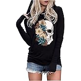 Skull Hoodie Tshirt Women Vintage Gothic Graphic Tees Halloween Hoodies Casual Fall Long Sleeve Pullover Tops