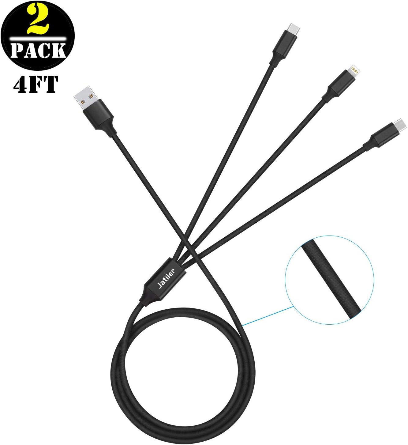 2Pack Multi Charging Cable 4ft JatilEr 3 Way Charger Cable Multi Charger Cable 3 in 1 USB Multi Cable Multiple Charger Cable Multi Charger Cord Compatible with Cell Phone Tablets and More