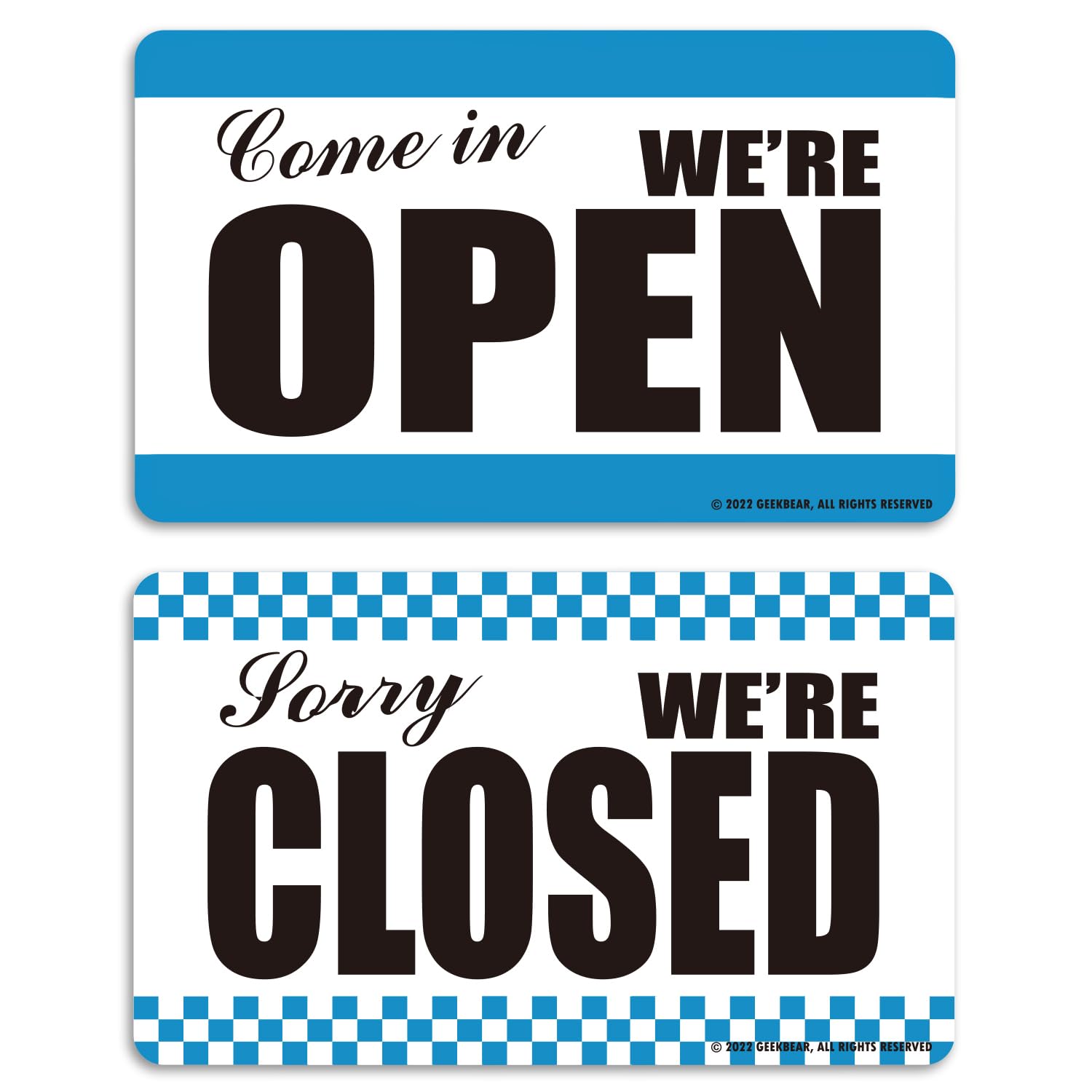 GEEKBEAR Open Closed Sign for Business - Acrylic, Double Sided, 9.8 x 5.9 in (02. Blue Checkerboard)