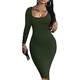 HTD Women's Sexy Bodycon Dress Long Sleeve Club Party Casual Midi Pencil Dresses