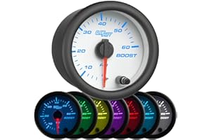 GlowShift White 7 Color 60 PSI Turbo Boost Gauge Kit - Includes Mechanical Hose & Fittings - White Dial - Clear Lens - for Di