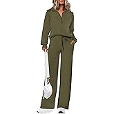 PRETTYGARDEN Women's 2 Piece Outfits Casual Lapel Half Zip Sweatshirts and Wide Leg Pants Tracksuit Sets