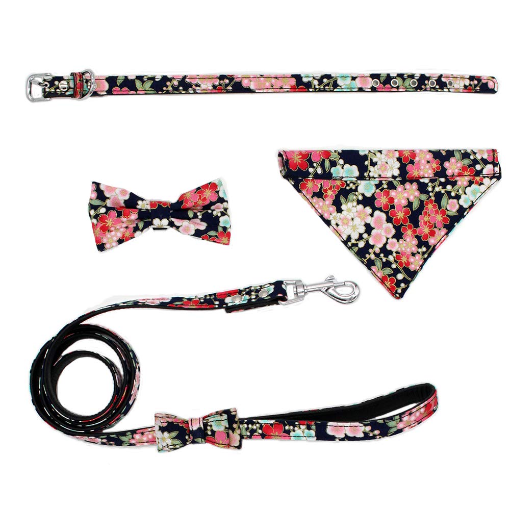 Newtensina Fashion 4pcs Dog Collar with Removable Bow Ties and Bandana and Puppy Leash for Dogs Cats - XS