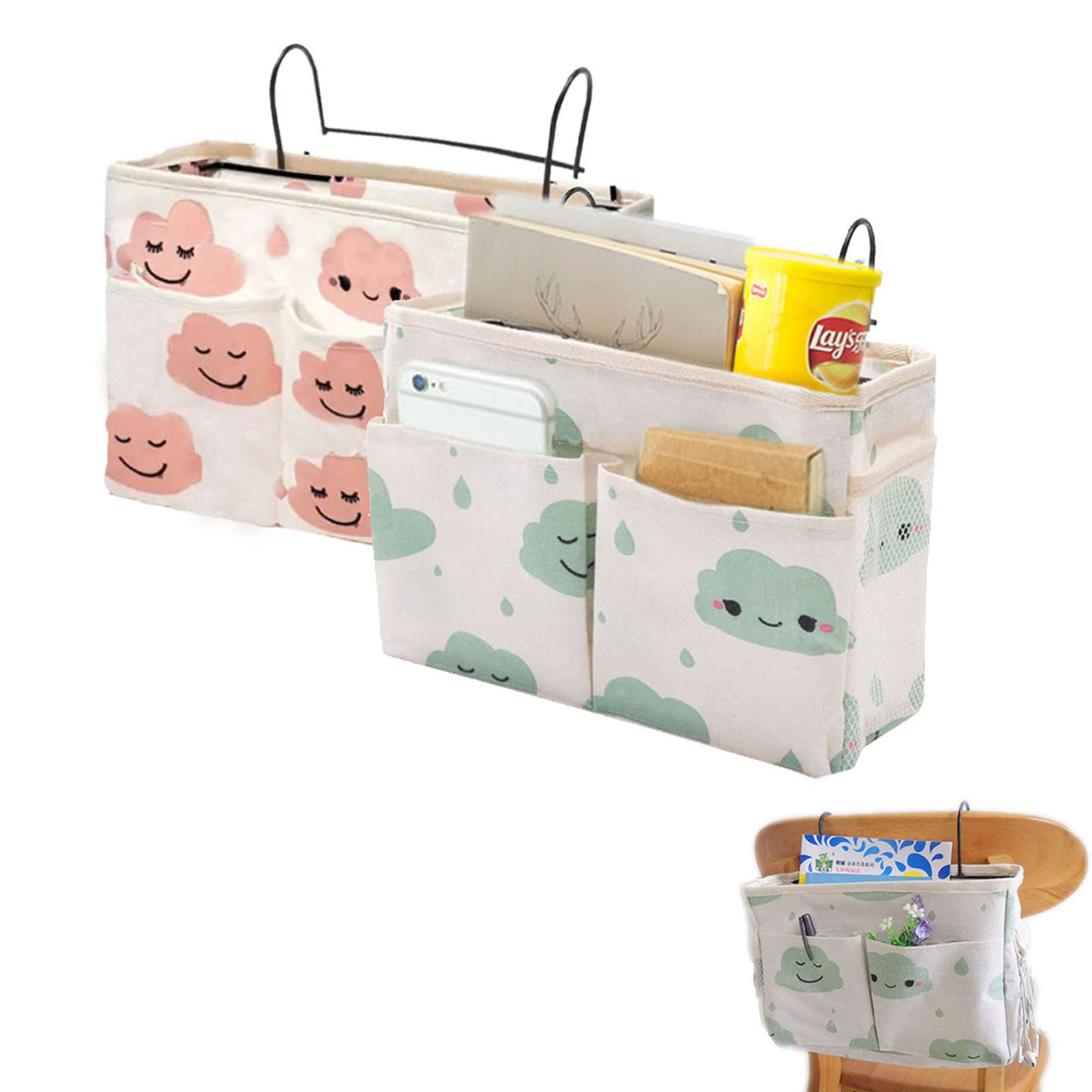 Sunbbingsp Bedside Organiser Pocket, 2 Pcs Bedside Pocket Storage Bag,Bedside Caddy Pocket, Bed Caddy Organiser for Home Bed Rails, Sofa, School Dorm Room Bunk Bed,Green / Pink,32.5*18.5*12cm