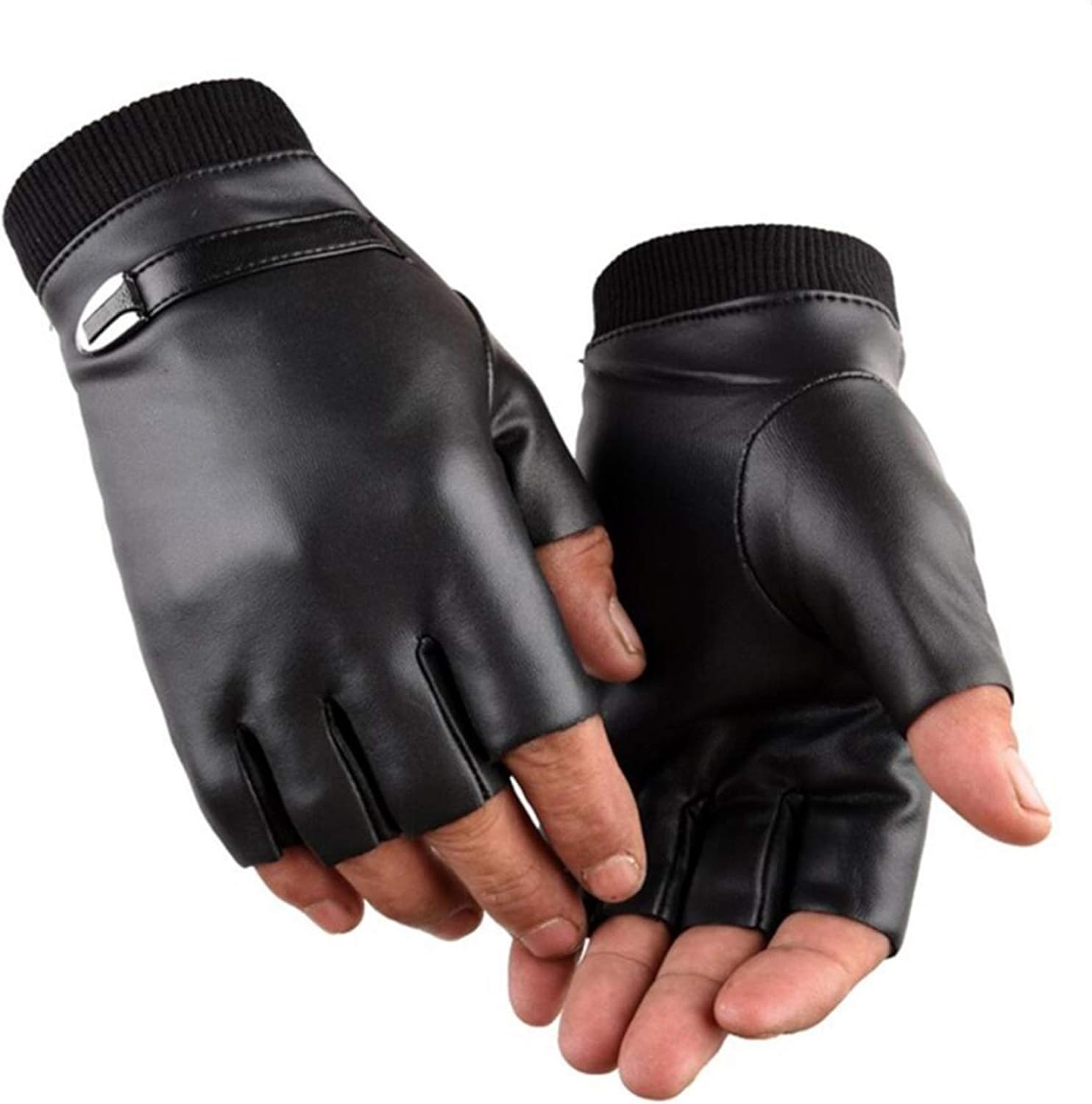 JJSM Fingerless Men Gloves Driving Suede Leather Black Grey Half Finger