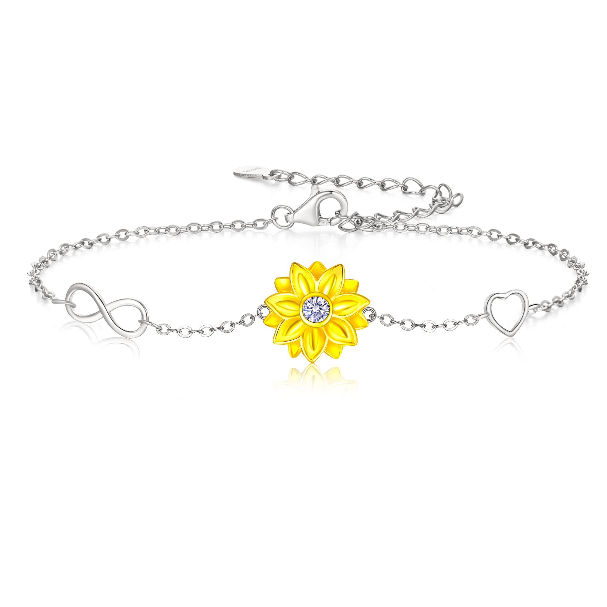 Clearine 925 Sterling Silver CZ Sunflower Bracelet Infinity Heart Charm Adjustable Link Jewellery Gifts for Women