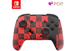 PDP REMATCH GLOW Enhanced Wireless Nintendo Switch Pro Controller, Rechargeable 40 hour battery power, Dual Programmable Gaming Buttons, 30-foot Connection, Super Mario Icon (Black/Red Glow in the Dark)