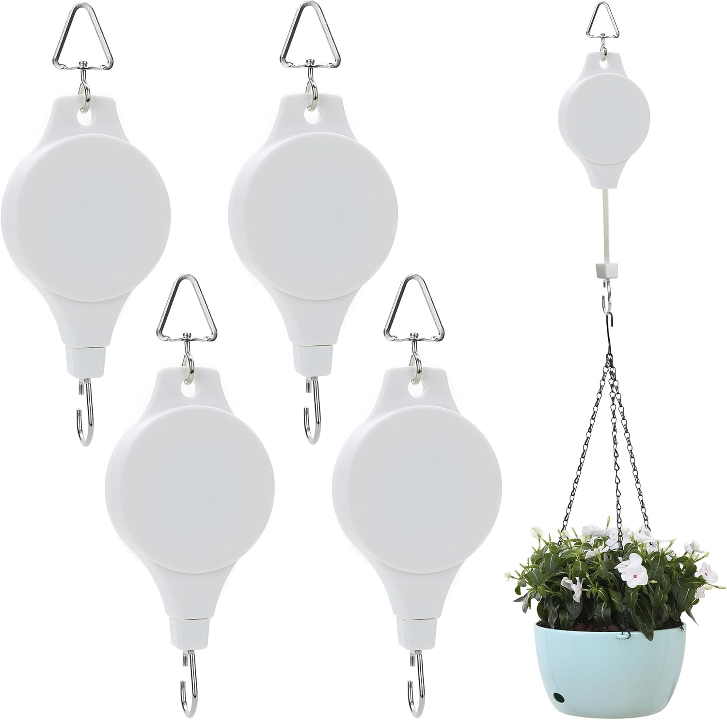 Outdoor Hanging Brackets - 4 Pack Retractable Plant Hanger, Plant Pulley Hook Adjustable Height Wheel Hanging Basket Hook Easy Reach Hanger for Garden Hanging Plants Heavy Duty Baskets, Flower Pots, Birds Feeder - White
