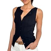 Women Button Down Tank Vest Casual Slim Fit Sleeveless Ribbed Knit Shirt Y2k Skinny Going Out Crewneck Tank Crop Top