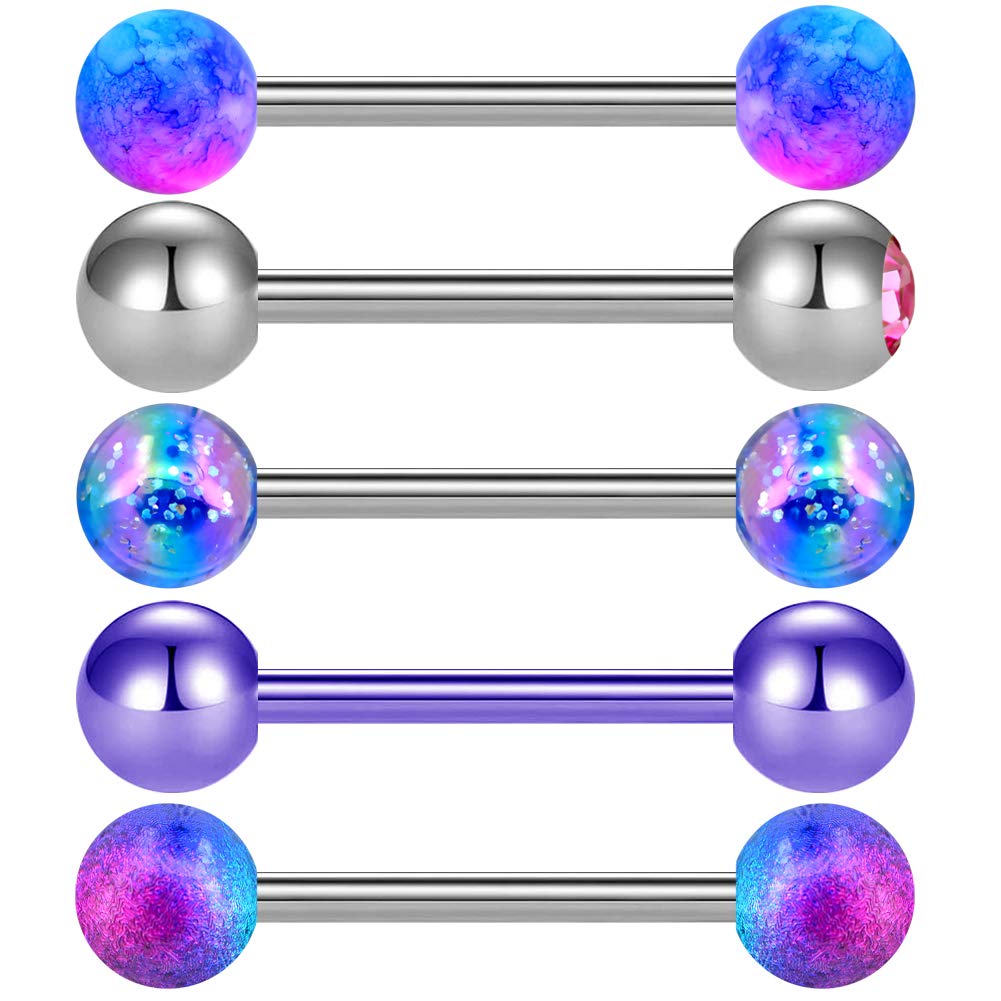 OUFER 14G 5PCS Tongue Bars Balls 16mm Sets Purple Surgical Steel Tongue Piercins Barbell Clear CZ Metal Jewellery