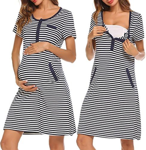 Pagacat Women Nursing Nightgown O-Neck Pockets Striped Short Sleeve Feeding Nighties(Navy Blue, X-Large)