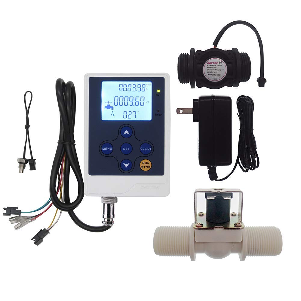 DIGITEN Water Flow Control LCD Display+G1 Water Flow Hall Effect Sensor Switch 1-60L/min+Solenoid Valve Normally Closed N/C+12V Power Adapter