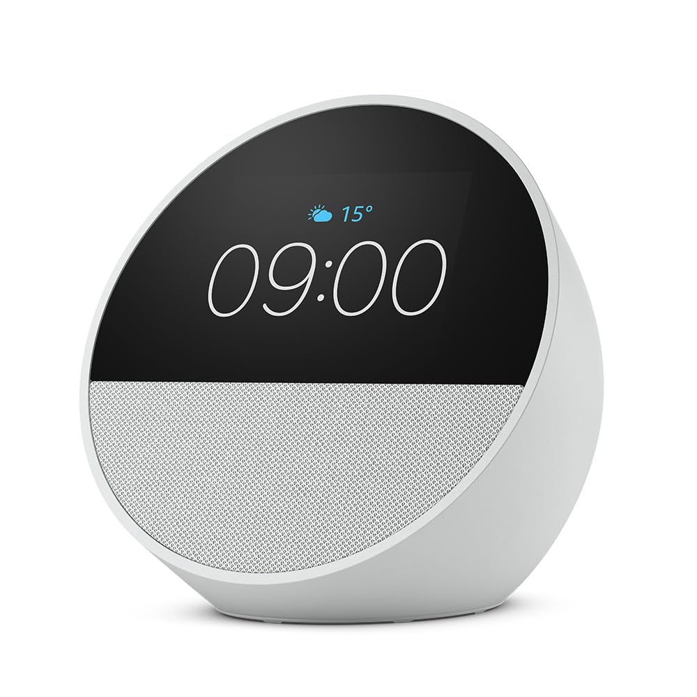 Echo Spot (newest gen), Smart alarm clock with vibrant sound, Glacier White, with Alexa+ Early Access