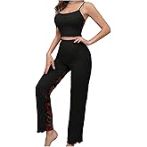 SHENHE Women's Sexy Pajama Set Lace Cami and Long Pants Sheer Pjs Lip Heart Print Sleepwear