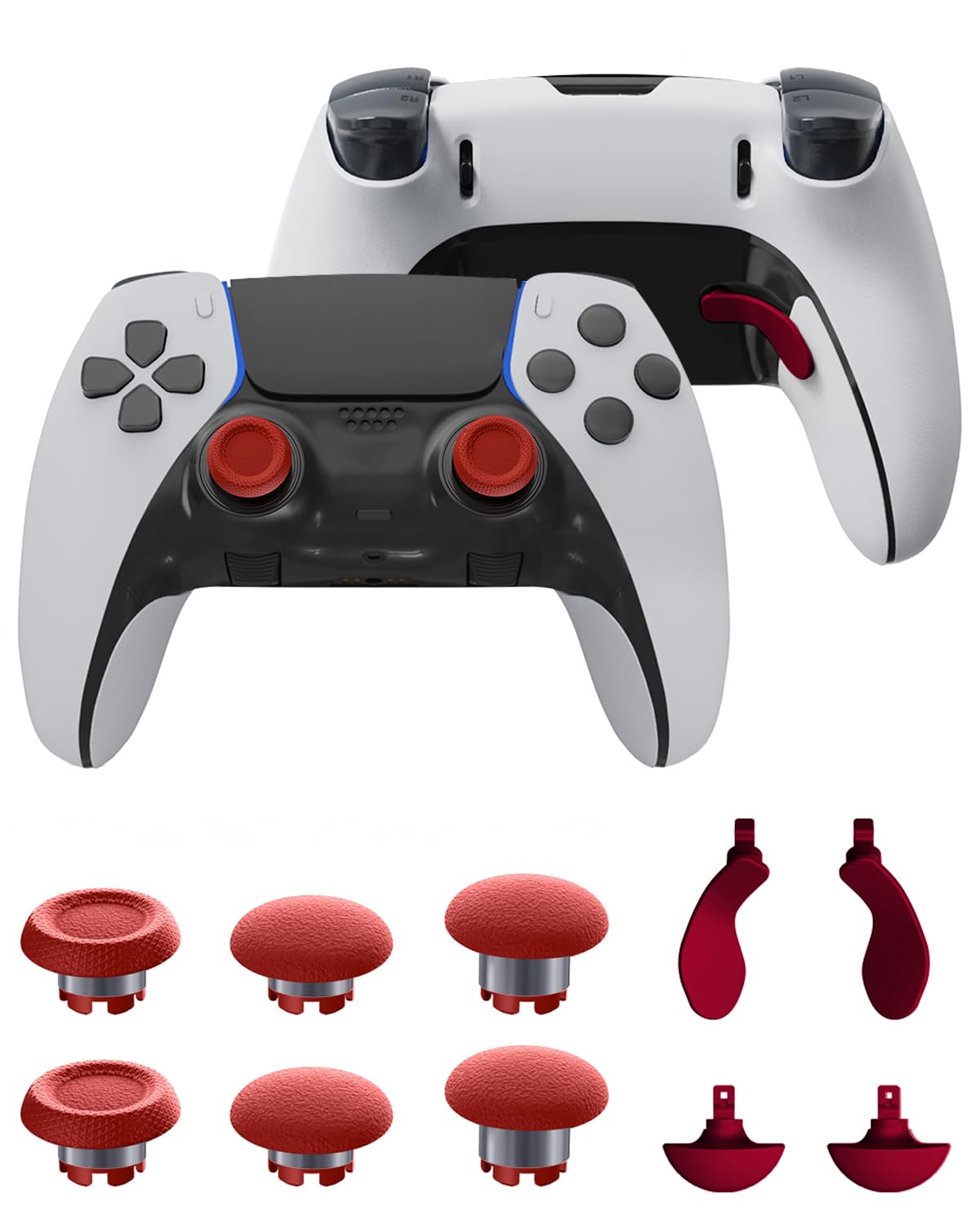 CHARM FOCUS Replacement Kit Thumbsticks & Back Paddles for PS5 Edge Controller, Analog Thumb Sticks Caps Interchangeable for PS5 Dual Sense Edge Stick Module, 6 Joysticks, 4 Back Buttons, Red