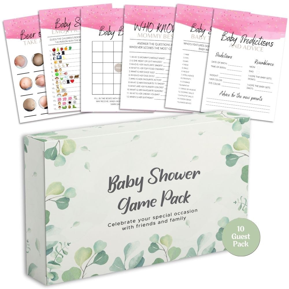Baby Shower Games - 6 Game Bundle - Eucalyptus, Jungle, Safari, Baby Boy, Baby Girl - 10 Guests Pack (Baby Girl)