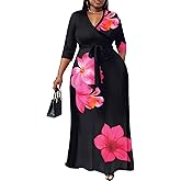 Nmoder Plus Size Maxi Dress for Women - Summer Casual 3/4 Sleeve Floral Flowy Long Dress with Belt XL- 6XL