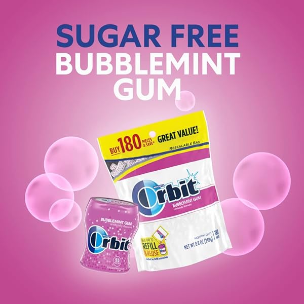 ORBIT BUBBLEMINT SUGAR-FREE CHEWING GUM BULK PACK, 2 BAGS – 180 PIECES & 2 BOTTLES – 55 PIECES BUBBLE GUM