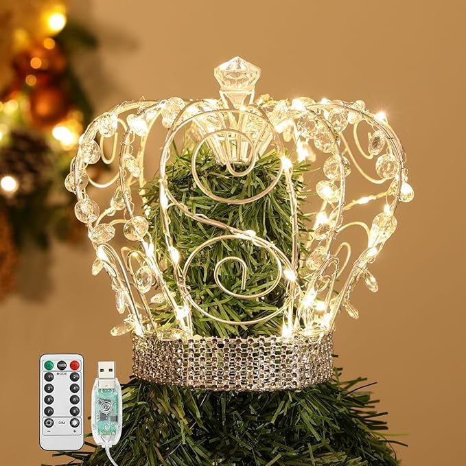 Lewondr Christmas Tree Topper, Metal Frame Crown with 50 Warm Light Beads, Remote & USB Operated, 6H Timer, Silver
