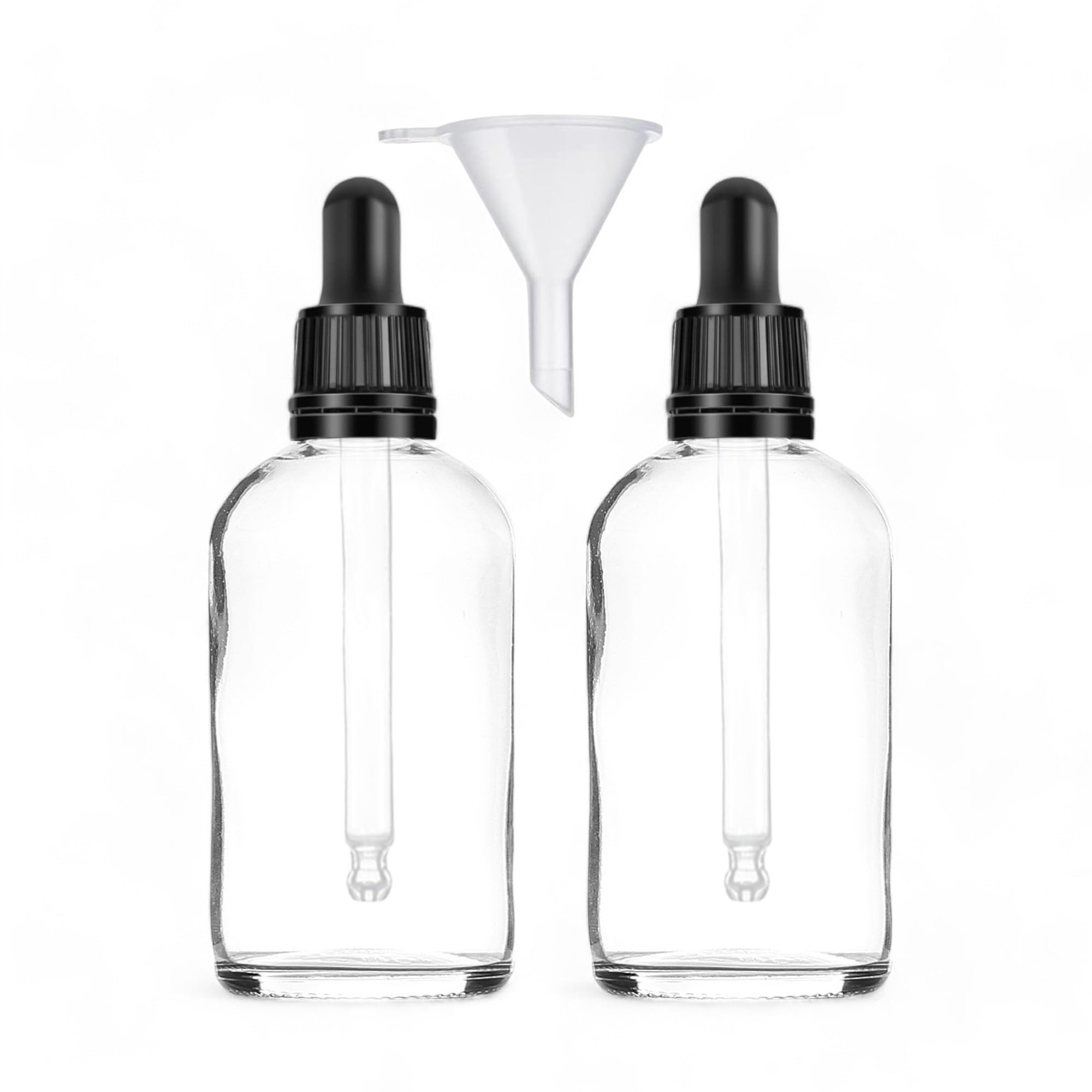 Avalon Cosmetic Packaging 100ml Clear Glass Dropper Bottles - Pack of 2 - with Tamper Resistant Collar and Bonus Funnel – See Through, Leak-proof Design - Aromatherapy, Skincare - Professional Grade