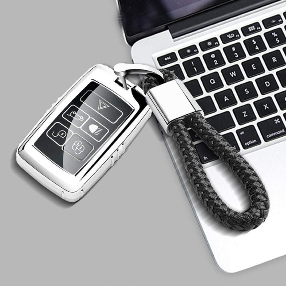 DDZKA Car key cover Soft TPU Car Key Cover Case with Keychain For Land Rover 2018 2019 New Range Rover Sport Velar Discovery 5 Jaguar E-PACE,Silver with chain