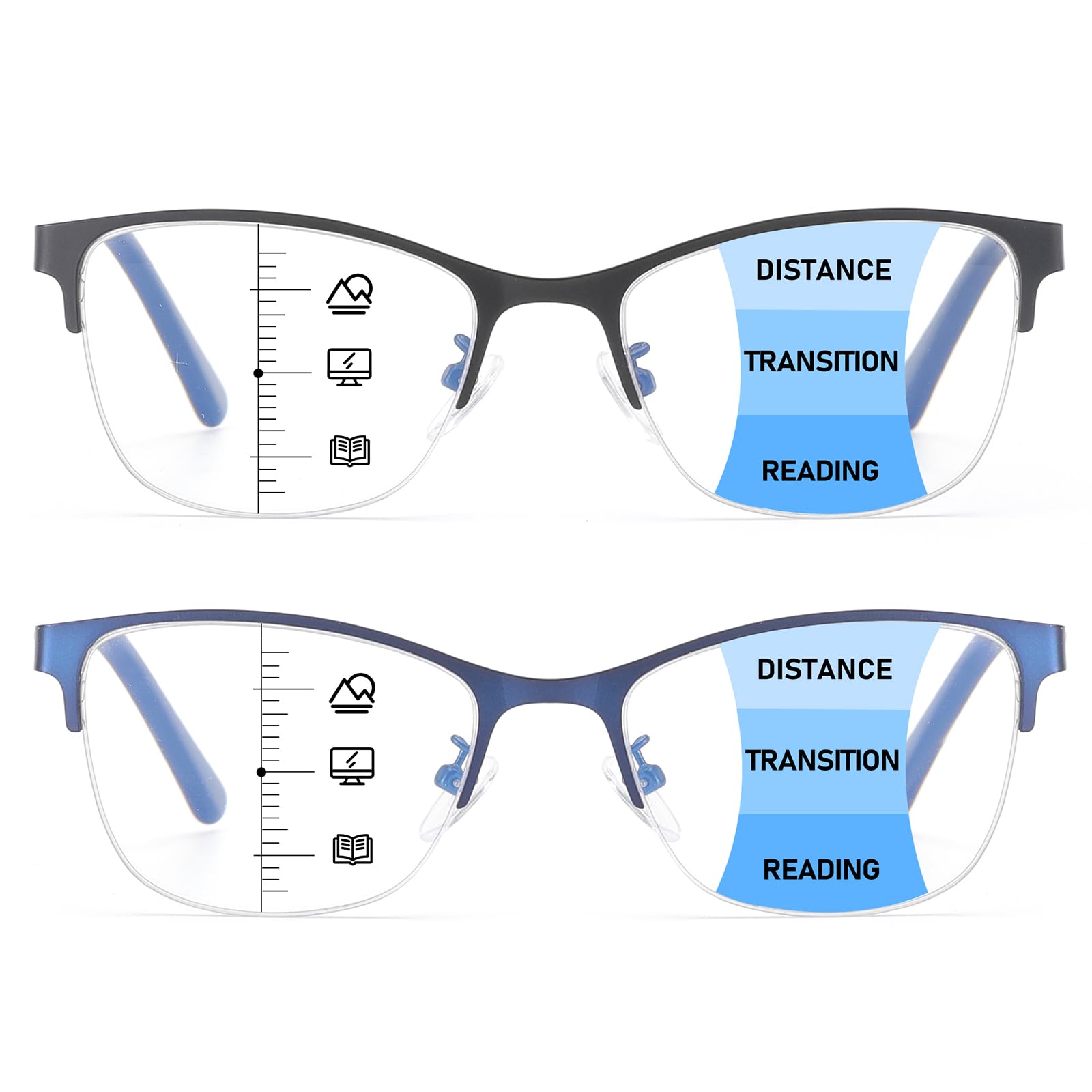 SOVCOD 2 Pack Progressive Multifocus Reading Glasses Women Blue Light Blocking Spring Hinge Readers Metal Computer Eyeglasses (Black & Blue, 1.25, x)