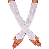GEMILY Fingerless Rhinestone Long Gloves Sheer Prom Sparkly Tulle Gloves for Women