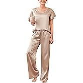 Ekouaer Women's Satin Silky Pajama Set 2 Piece Short Sleeve Shirt with Long Pants Pjs Sets Soft PJ Loungewear S-XXL