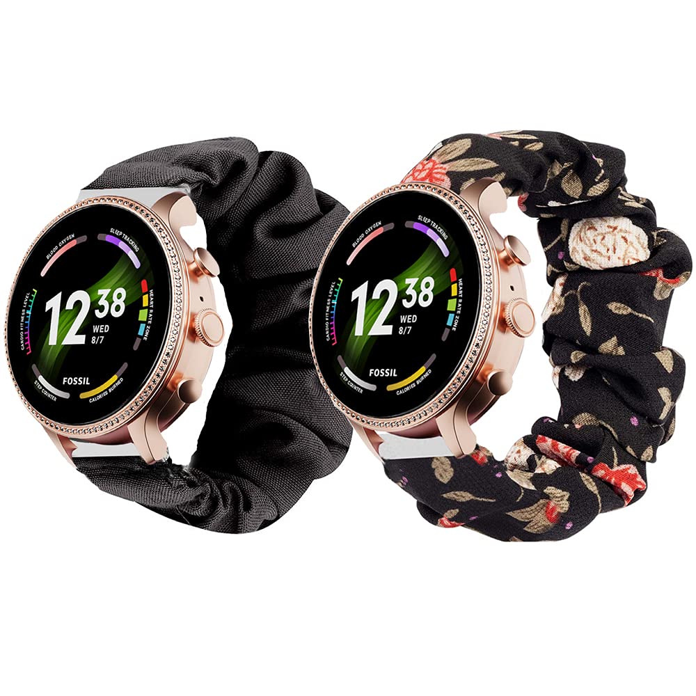Compatible for Fossil Gen 6 Smartwatch Band, Giaogor Fabric Elastic Scrunchie Elastic Replacement Straps Compatible for Fossil Gen 6 42mm / 44mm Smartwatch (2 pack-Black+Black flower, 42mm case women)