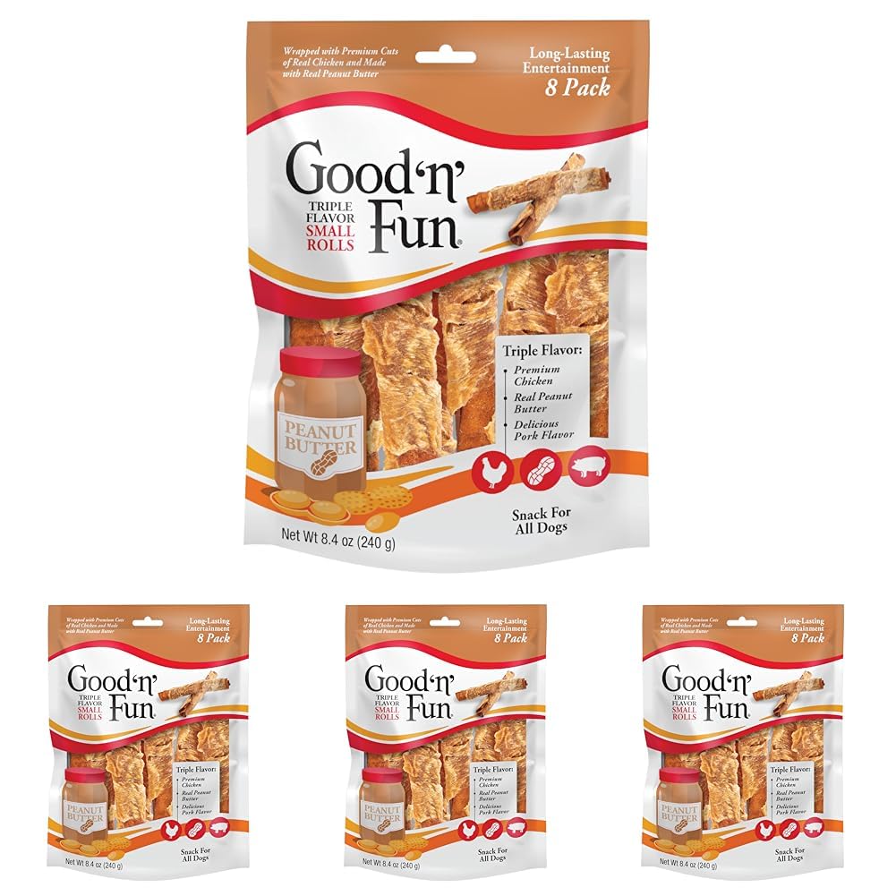 Good 'N' Fun Triple Flavor Small Rolls, 8 Count, Rawhide Chews for All Dogs (Pack of 4) Image