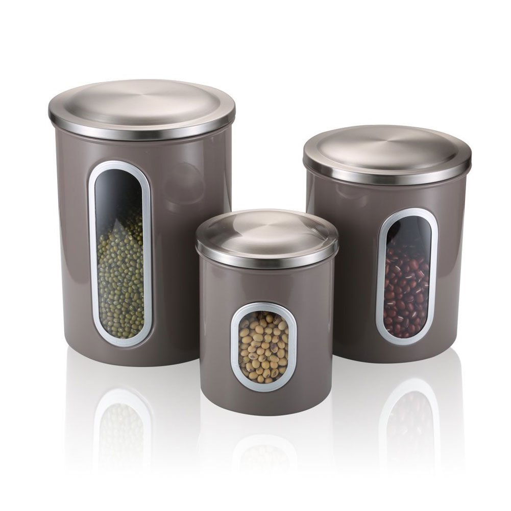 Kitchen Canisters,Stainless Steel Canister Set of 3,Canister Sets for Kitchen,Nested Food Storage Canisters with Airtight Lids and Visible Windows,Gray
