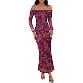 MEROKEETY Women's Fall Off Shoulder Floral Maxi Dresses Formal Long Sleeve Bodycon Cocktail Wedding Guest Dress