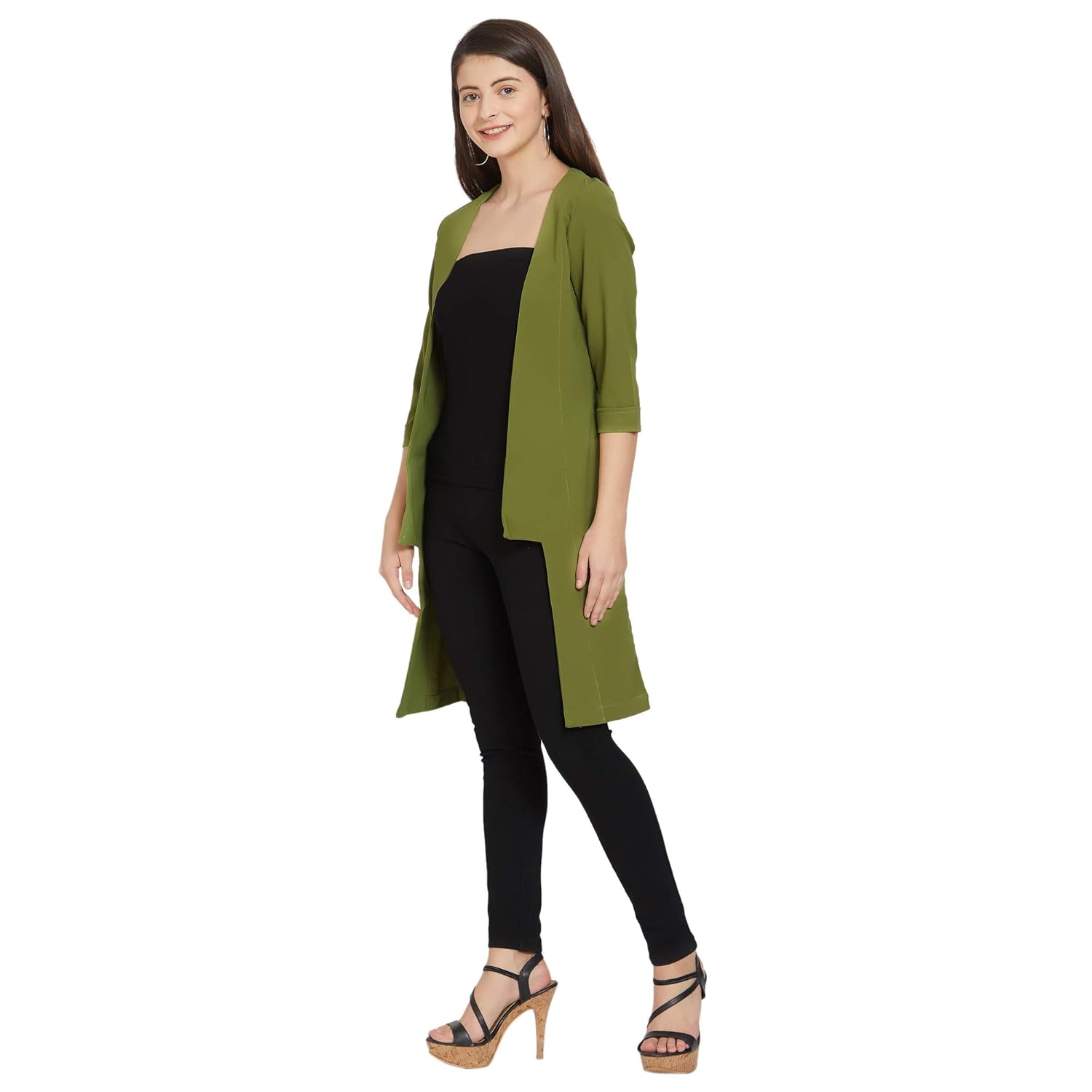 smarty pants women's olive green poly cotton long jacket (smsh_79a)