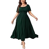 SHESTARR Women's Plus Size Maxi Dress Short Sleeve Smocked Square Neck Tie Front Split A-Line Flowy Long Dresses