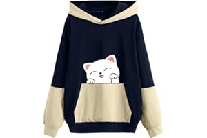 GOFLIC Sweatshirts for Women Trendy,Teen Girl Cute Cat Print Sweatshirt Long Sleeve Hoodies Color Block Hooded Fall Clothes