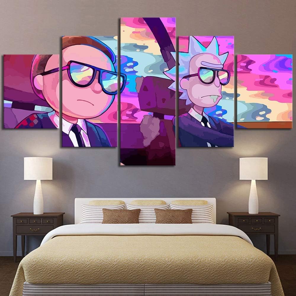 Wall Art Pictures Hd Prints 5 Pieces Rick Morty Poster Home Decor Canvas Animation Paintings Modular Frame for Living Room（Contains Frames）