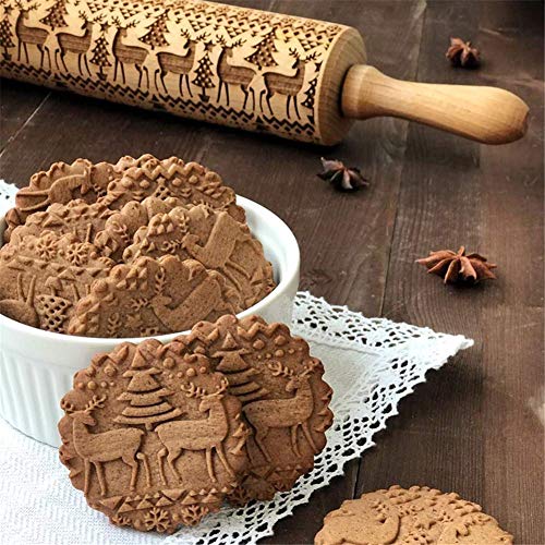 Christmas Wooden Rolling Pin 2 Packs, Embossing Rolling Pins with Engraved Christmas Deer Pattern, Christmas Themed Embossing Rollers, Christmas Symbols for Baking Embossed Cookies