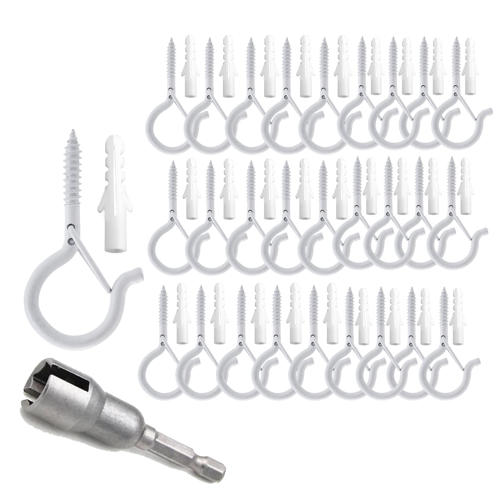 TAIHUIMY Screw Hooks Q-Hanger Hooks for Outdoor String Lights, Christmas Rope Lights Clips, Wall Cabinet Ceiling Eye Hook with Safety Buckle for Wire Party Light Plants Wind Chimes (White, 30PCS)