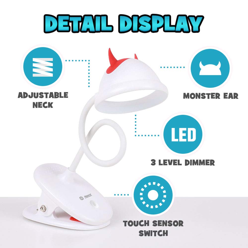 Cute Rechargeable 15 LEDs Clip On Light 4500K 3 Brightness Dimmable Book Light with Flexible Gooseneck Up to 40 Hours Battery-Operated-Reading-Light-Rechargeable for Bed Bookworms and Kids