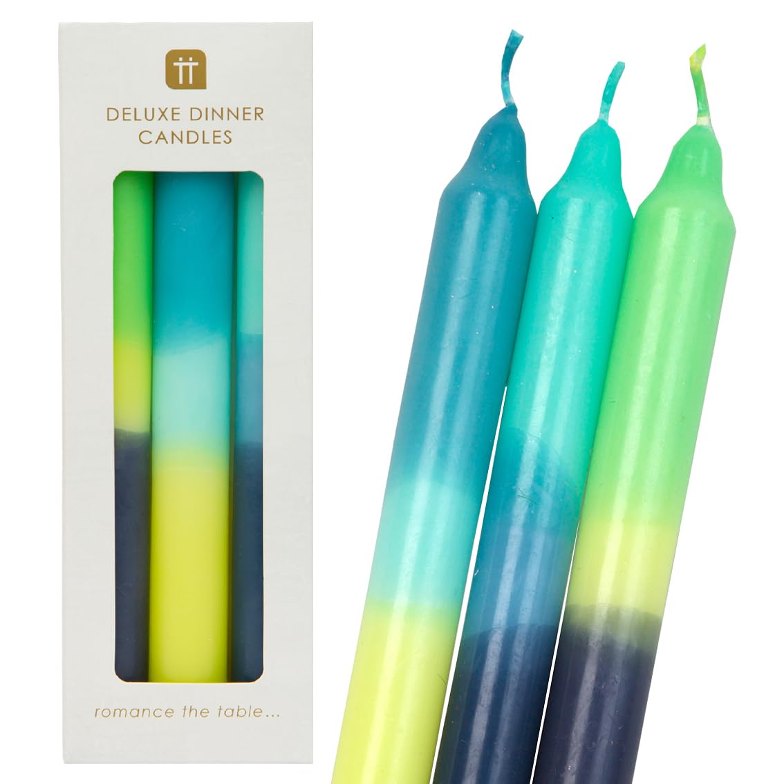 Talking Tables Ombre Tapered Dinner Candles Unscented Blue Yellow and Green 3 Pack,,Marble Blue,Large