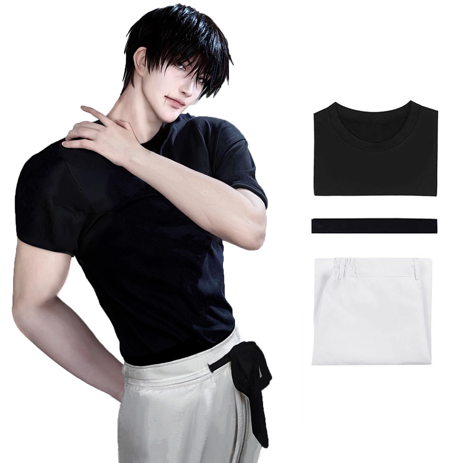 Photo 1 of IOPBOT Men Anime JJK Jujutsu Fushiguro Toji Cosplay Costume Uniform Black Tops White Pants Suit Halloween Outfits Full Set (2XL-tojii)