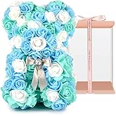 ASENVER Hand Made Artificial Flowers Rose Bear Pure Color for Valentine Birthday and Mother's Day with a 10" Pink Gift Box (Grey Bow-Tricolor Flower)