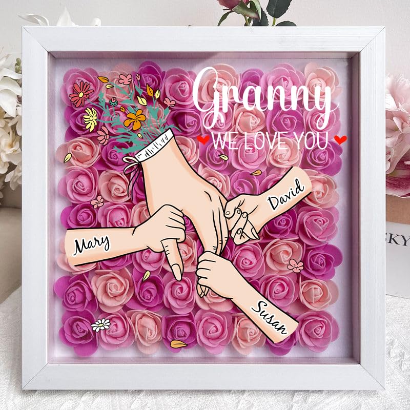 Personalised Flower Shadow Box for Mum & Grandma with Names – Family Love Blooms Forever Gift for Mother's Day, Birthday, Mom Gift, Mother's Day Gift,Gift for Mom