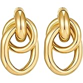 Gold Geometric Drop Dangle Earrings for Women, Chunky Long Link Statement Earrings, Lightweight Brass Hoop Earrings, Trendy Minimalist Jewelry for Daily Wear