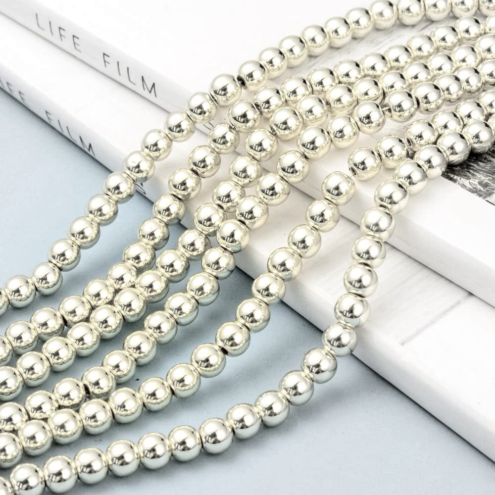 Perlin Hematite Beads for Bracelets, Round, No Magnet, Hematite Gemstones, 1 Strand, Gold, Silver, 4mm 92 Stück