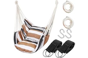HATISAN Hammock Chair Hanging Rope Swing Seat for Indoor Outdoor, Sturdy Cotton Weave Hammock Swing, Max 300Lbs Hanging Hammock Chair for Bedroom Patio Porch (Wooden Bar and Pillows NOT Included, Khaki)