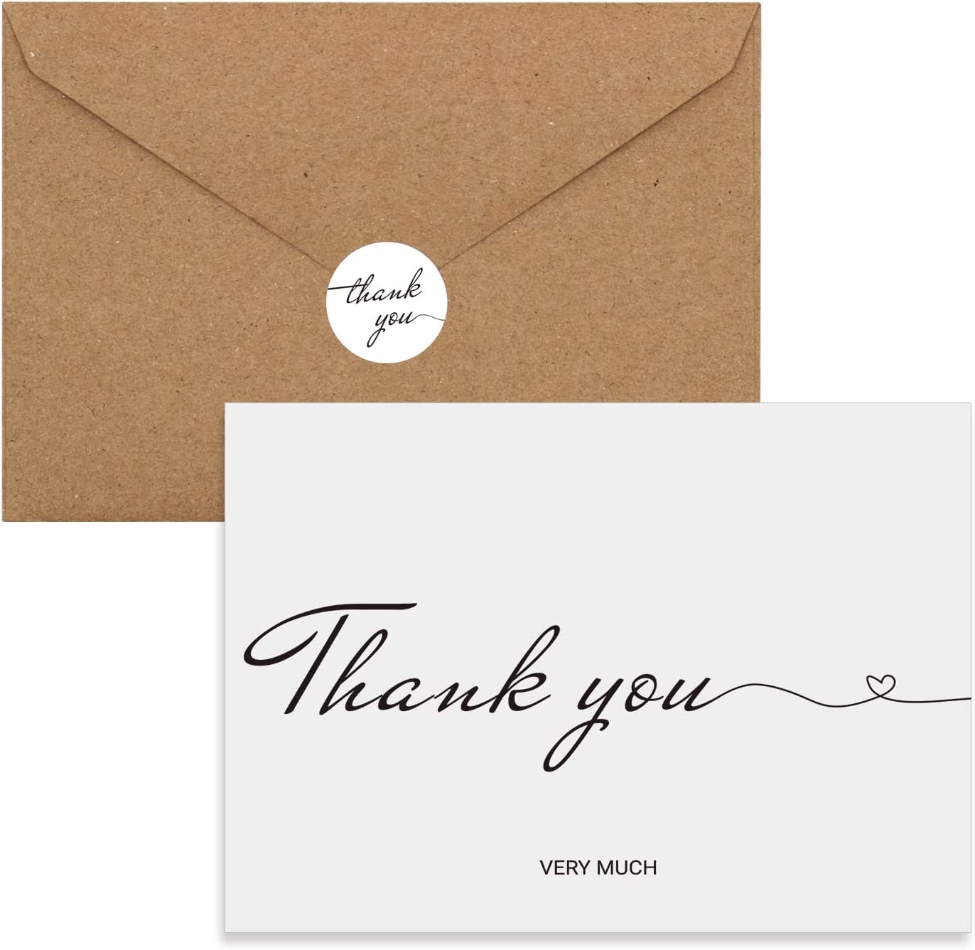 ZMCYN 50 Pack 4x6 inch White Thank You Card Multipack, Thank You Greeting Card with Kraft Envelopes, Sticker, Thank You Gift Card for Mother's Day, Wedding, Baby Shower, Birthday, Graduation