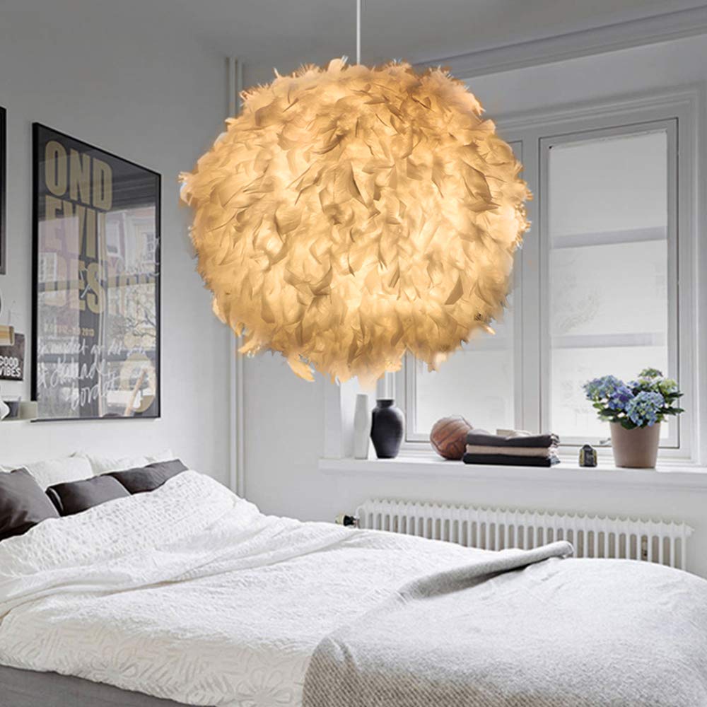 Jetcloud Feather Pendant Light Shade for Ceilings Fluffy Lamp Romantic Droplight Lampshade with E27 Bulb Modern Feather Ceiling Light for Living Room Bedroom Porch Bar Restaurant Hotel,White (30CM)